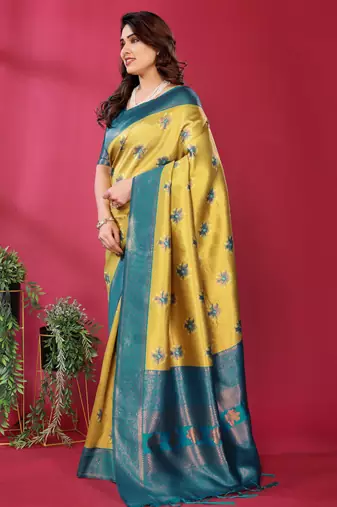lemon rama silk blend banarasi saree with unstitched blouse piece