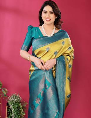 lemon rama silk blend banarasi saree with unstitched blouse piece 1