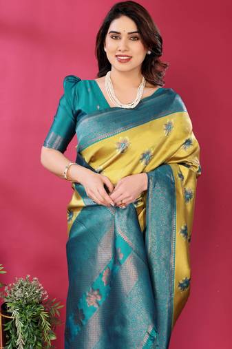 lemon rama  soft art silk blend banarasi jacuard work designer party wear saree with unstitched blouse piece
