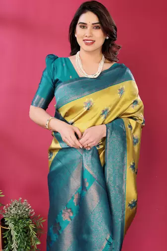 lemon rama  soft art silk blend banarasi jacuard work designer party wear saree with unstitched blouse piece