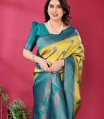 lemon rama silk blend banarasi saree with unstitched blouse piece