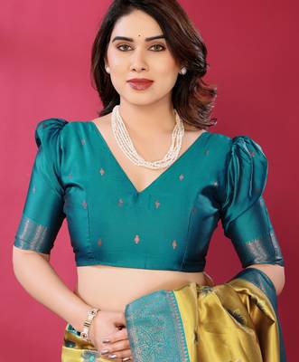 lemon rama silk blend banarasi saree with unstitched blouse piece 5