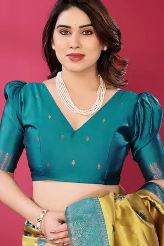 lemon rama silk blend banarasi saree with unstitched blouse piece