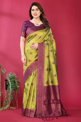 lemon wine  soft art silk blend banarasi jacuard work designer party wear saree with unstitched blouse piece