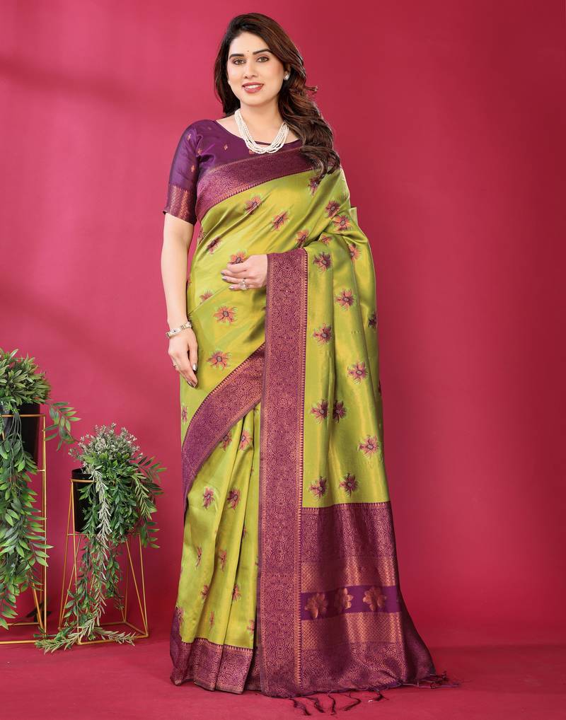 lemon wine  soft art silk blend banarasi jacuard work designer party wear saree with unstitched blouse piece
