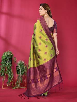 lemon wine silk blend banarasi saree with unstitched blouse piece 3