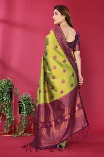 lemon wine silk blend banarasi saree with unstitched blouse piece