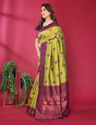 lemon wine silk blend banarasi saree with unstitched blouse piece 4