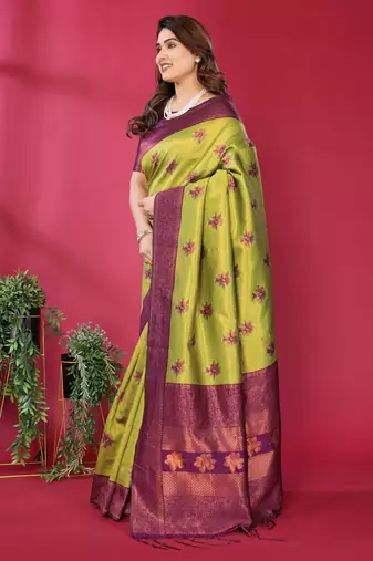 lemon wine silk blend banarasi saree with unstitched blouse piece