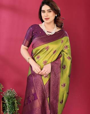 lemon wine silk blend banarasi saree with unstitched blouse piece 1