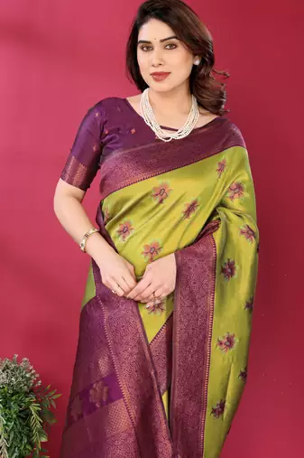 lemon wine  soft art silk blend banarasi jacuard work designer party wear saree with unstitched blouse piece