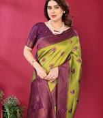 lemon wine silk blend banarasi saree with unstitched blouse piece
