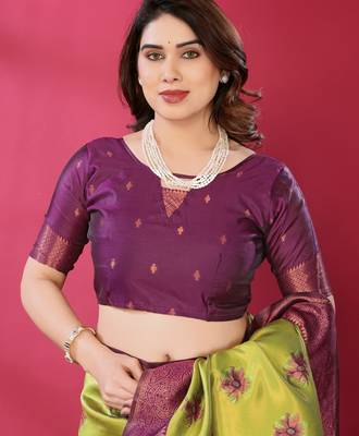 lemon wine silk blend banarasi saree with unstitched blouse piece 5