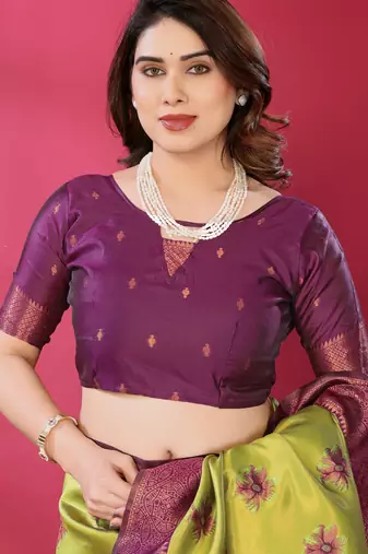 lemon wine silk blend banarasi saree with unstitched blouse piece