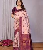 peach wine  soft art silk blend banarasi jacuard work designer party wear saree with unstitched blouse piece