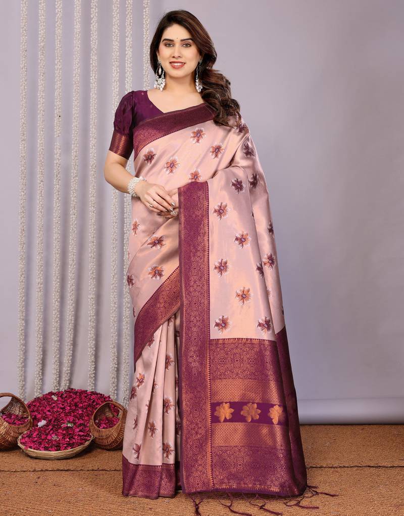 peach wine  soft art silk blend banarasi jacuard work designer party wear saree with unstitched blouse piece