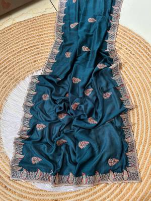 Teal Color Designer Flowy Silk Saree 1