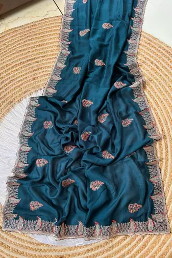 Teal Color Designer Flowy Silk Saree