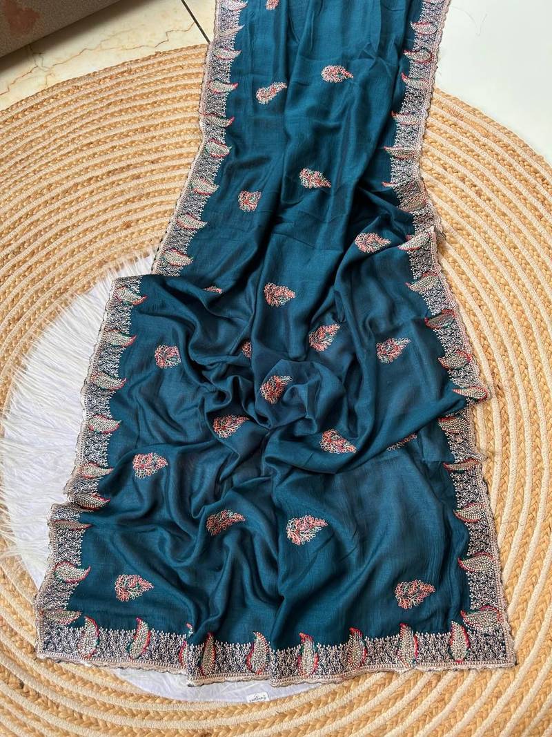 Teal Color Designer Flowy Silk Saree