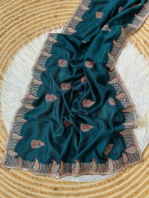 Teal Color Designer Flowy Silk Saree 2