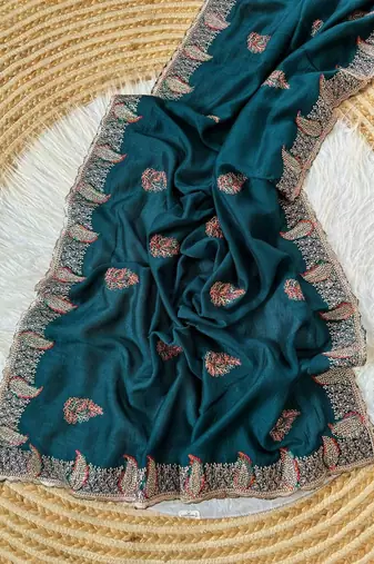 Teal Color Designer Flowy Silk Saree