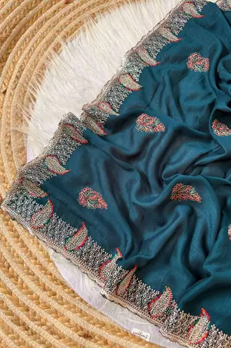 Teal Color Designer Flowy Silk Saree