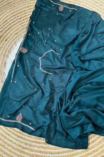 Teal Color Designer Flowy Silk Saree