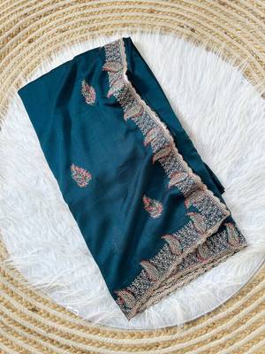 Teal Color Designer Flowy Silk Saree 5