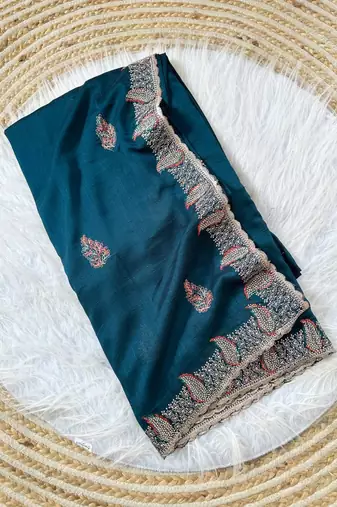 Teal Color Designer Flowy Silk Saree