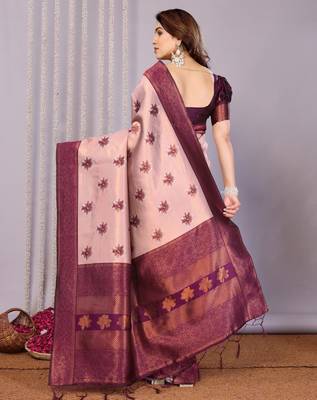 peach wine silk blend banarasi saree with unstitched blouse piece 3