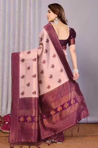 peach wine silk blend banarasi saree with unstitched blouse piece