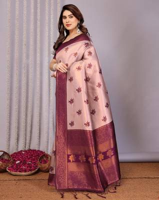 peach wine silk blend banarasi saree with unstitched blouse piece 4