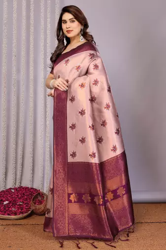peach wine silk blend banarasi saree with unstitched blouse piece