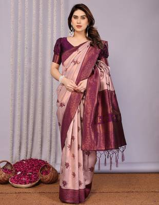 peach wine silk blend banarasi saree with unstitched blouse piece 1