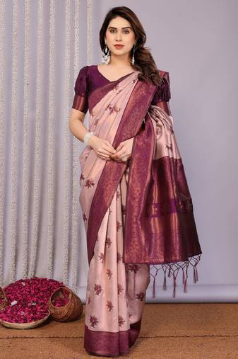 peach wine  soft art silk blend banarasi jacuard work designer party wear saree with unstitched blouse piece