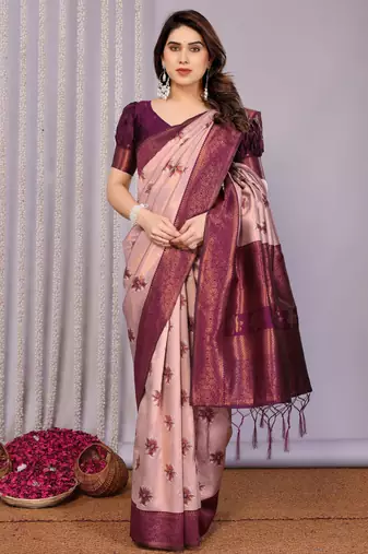 peach wine  soft art silk blend banarasi jacuard work designer party wear saree with unstitched blouse piece