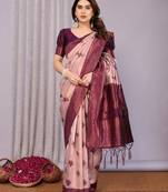peach wine  soft art silk blend banarasi jacuard work designer party wear saree with unstitched blouse piece