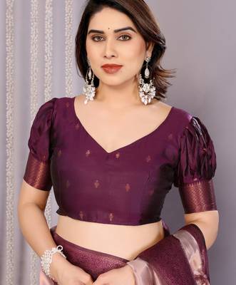 peach wine silk blend banarasi saree with unstitched blouse piece 5