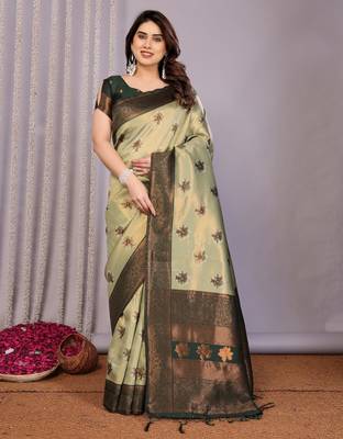 pista green silk blend banarasi saree with unstitched blouse piece 1