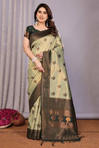 pista green  soft art silk blend banarasi jacuard work designer party wear saree with unstitched blouse piece