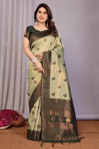 pista green  soft art silk blend banarasi jacuard work designer party wear saree with unstitched blouse piece