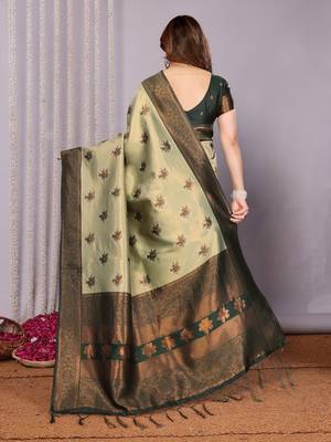 pista green silk blend banarasi saree with unstitched blouse piece 2