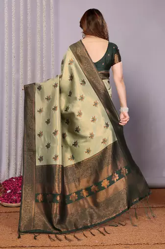 pista green silk blend banarasi saree with unstitched blouse piece
