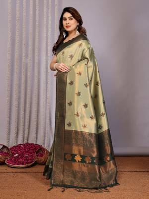 pista green silk blend banarasi saree with unstitched blouse piece 3