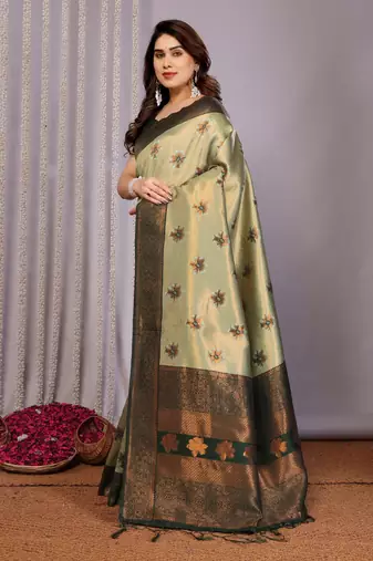 pista green silk blend banarasi saree with unstitched blouse piece