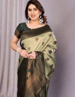 pista green silk blend banarasi saree with unstitched blouse piece 4