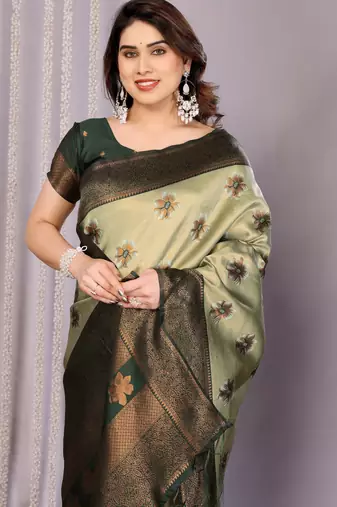 pista green silk blend banarasi saree with unstitched blouse piece