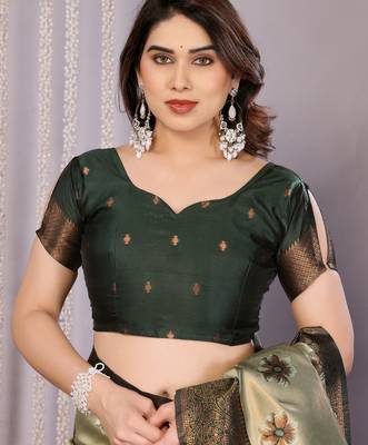 pista green silk blend banarasi saree with unstitched blouse piece 5