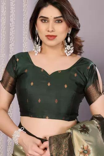 pista green silk blend banarasi saree with unstitched blouse piece