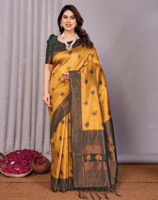 yellow green silk blend banarasi saree with unstitched blouse piece 1